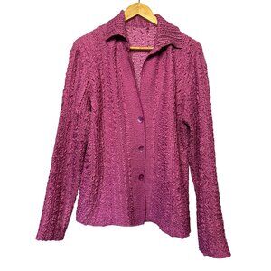 Vintage Textured Magenta Cardigan (L) Button-Up Closure Collared Stretch Office